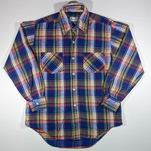 Vintage 60s Wilshire Flannel Size Med Plaid Double Pocket Long Sleeve Rare Color